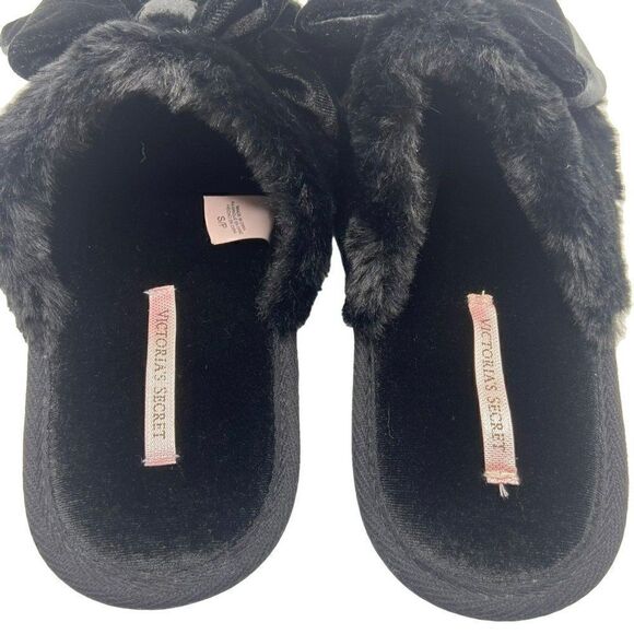 VICTORIAS SECRET PLUSH BOW SLIPPERS BLACK Small - Picture 6 of 9